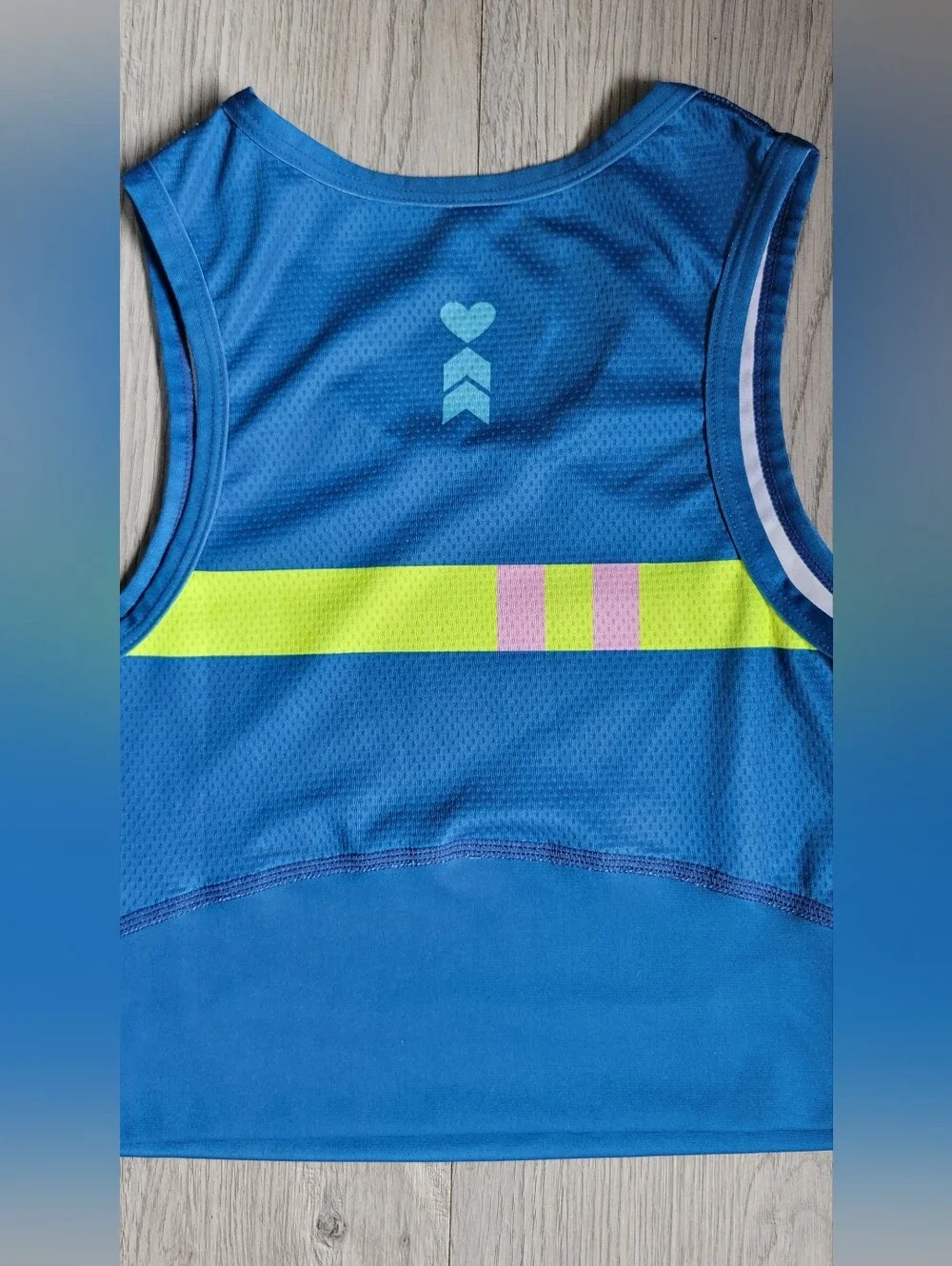 Coeur Sports Run Tech Crop in Flagship Blue & Yellow Racerback Sports Bra, Small